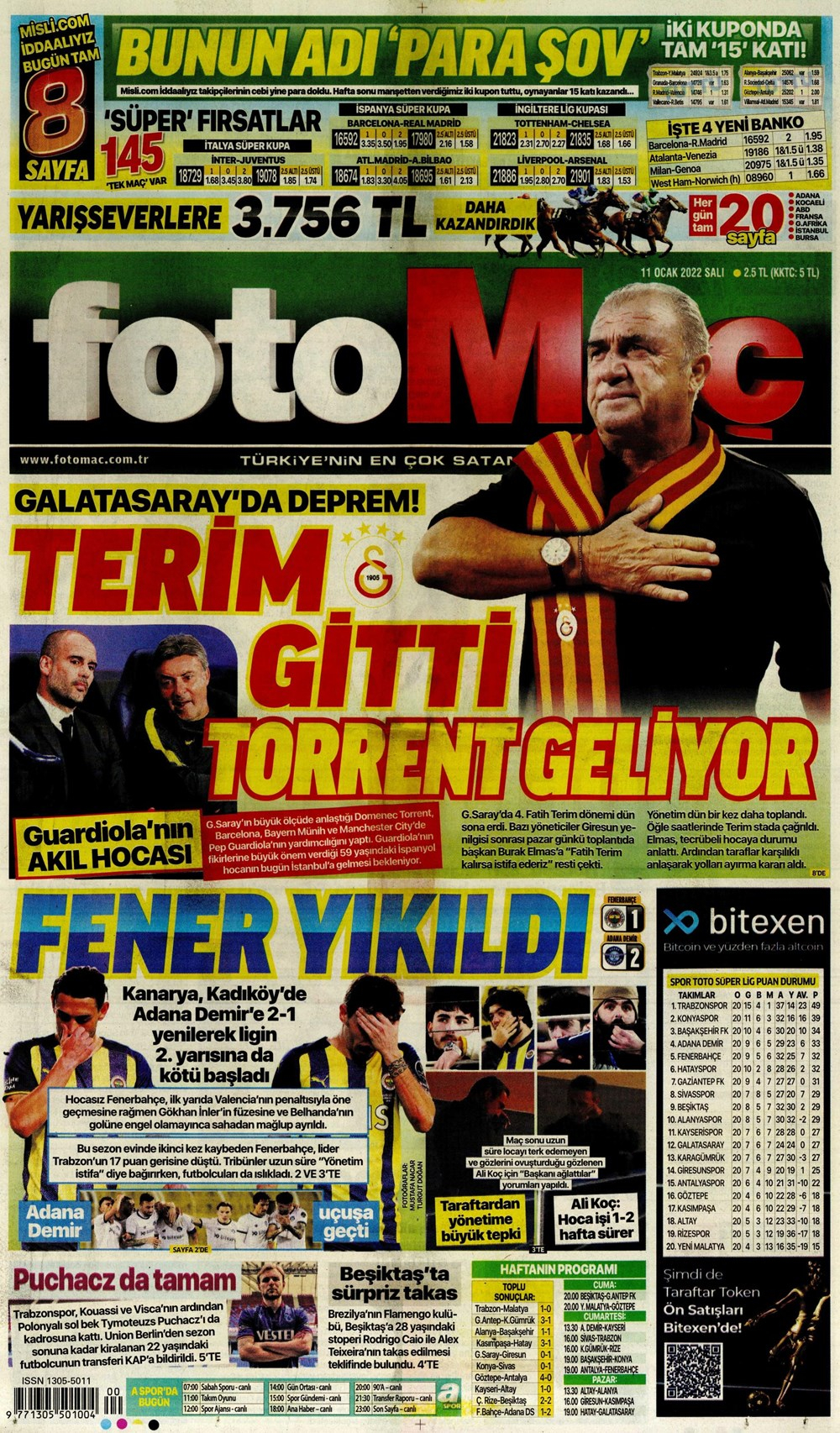 11 Ocak 2022 Salı günün spor manşetleri | Fenerbahçe evinde kayıp! Cimbom'da dördüncü Fatih Terim dönemi sona erdi! 29