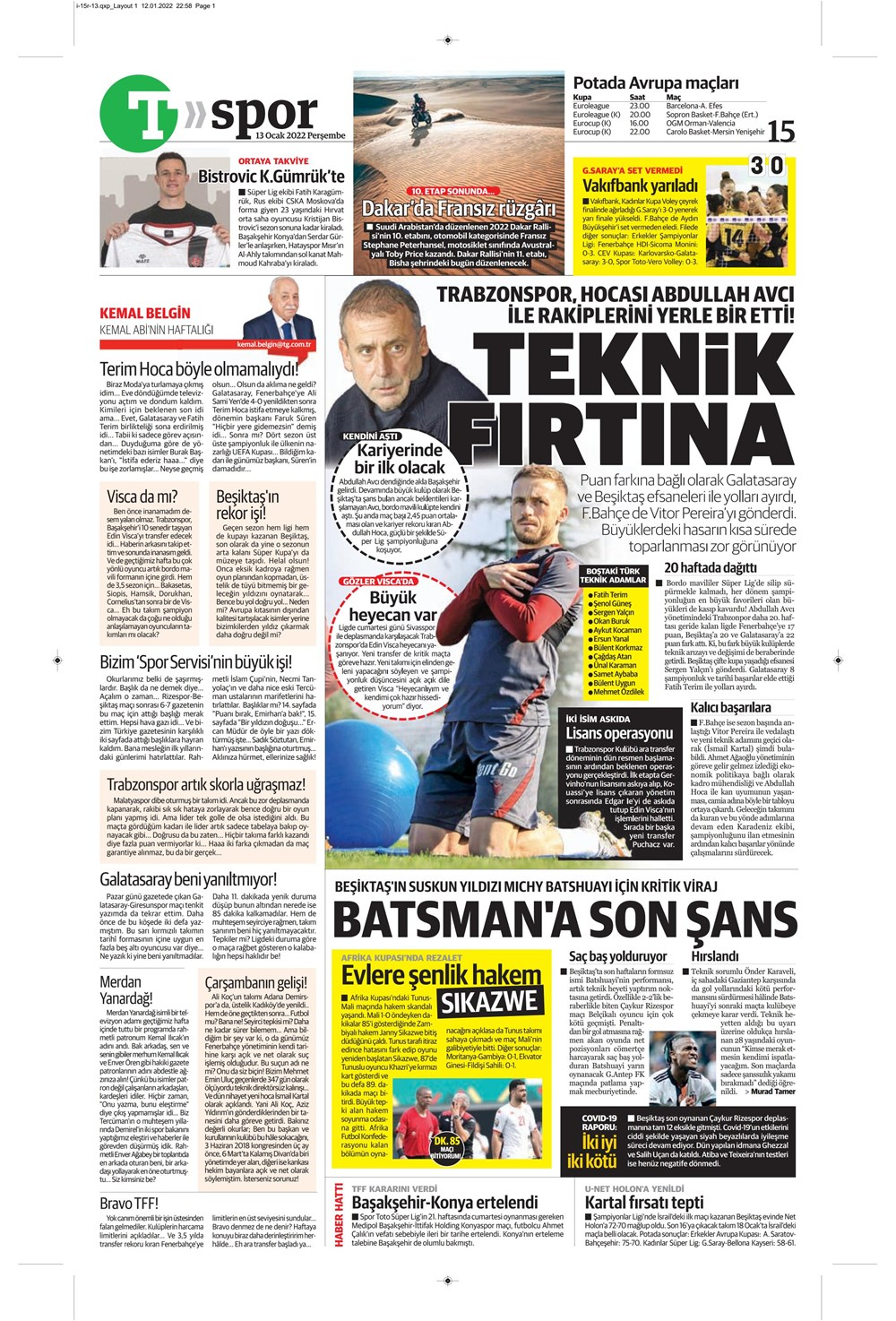 13 Ocak 2022 Perşembe günün spor manşetleri | Fenerbahçe'de ikinci kez İsmail Kartal dönemi! 4