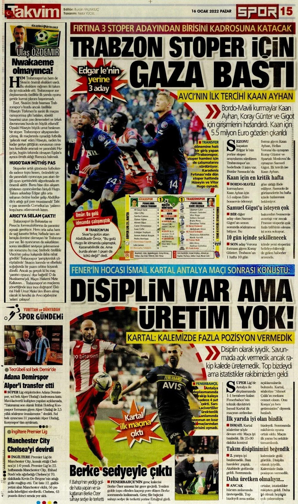 16 Ocak 2022 Pazar günün spor manşetleri | Trabzonspor ve Fenerbahçe, deplasmanda takıldı! 12