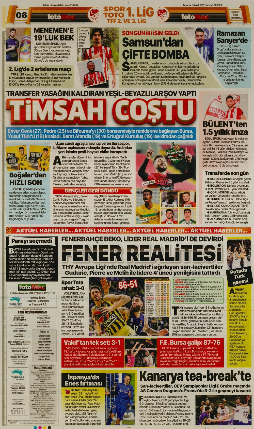 9 Şubat 2022 Çarşamba günün spor manşetleri | Fenerbahçe son dakikada yıkıldı! 15