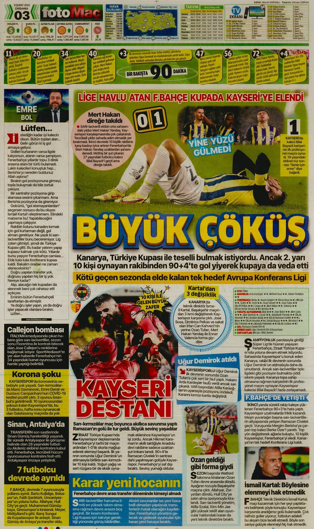 9 Şubat 2022 Çarşamba günün spor manşetleri | Fenerbahçe son dakikada yıkıldı! 25