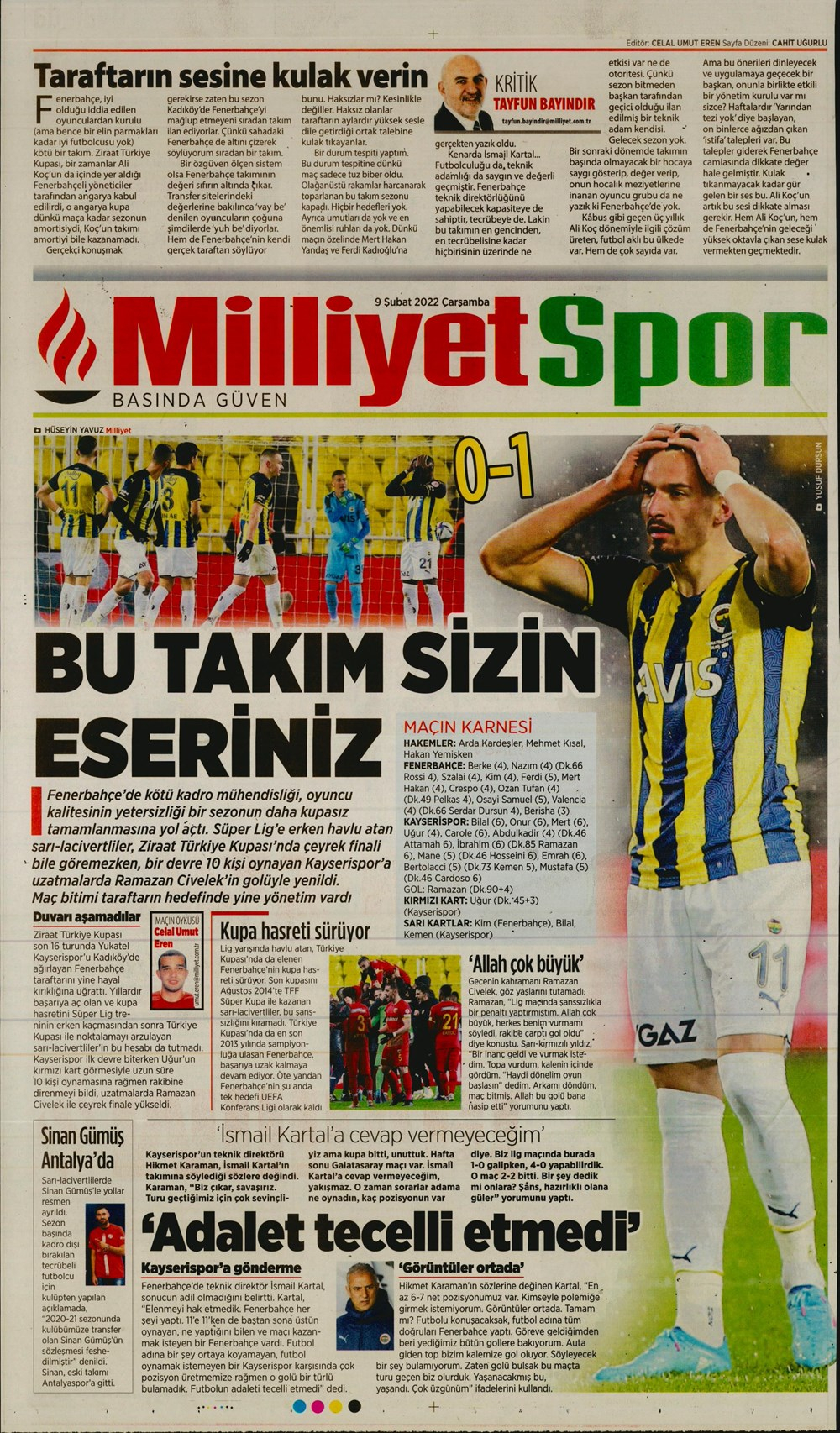 9 Şubat 2022 Çarşamba günün spor manşetleri | Fenerbahçe son dakikada yıkıldı! 3