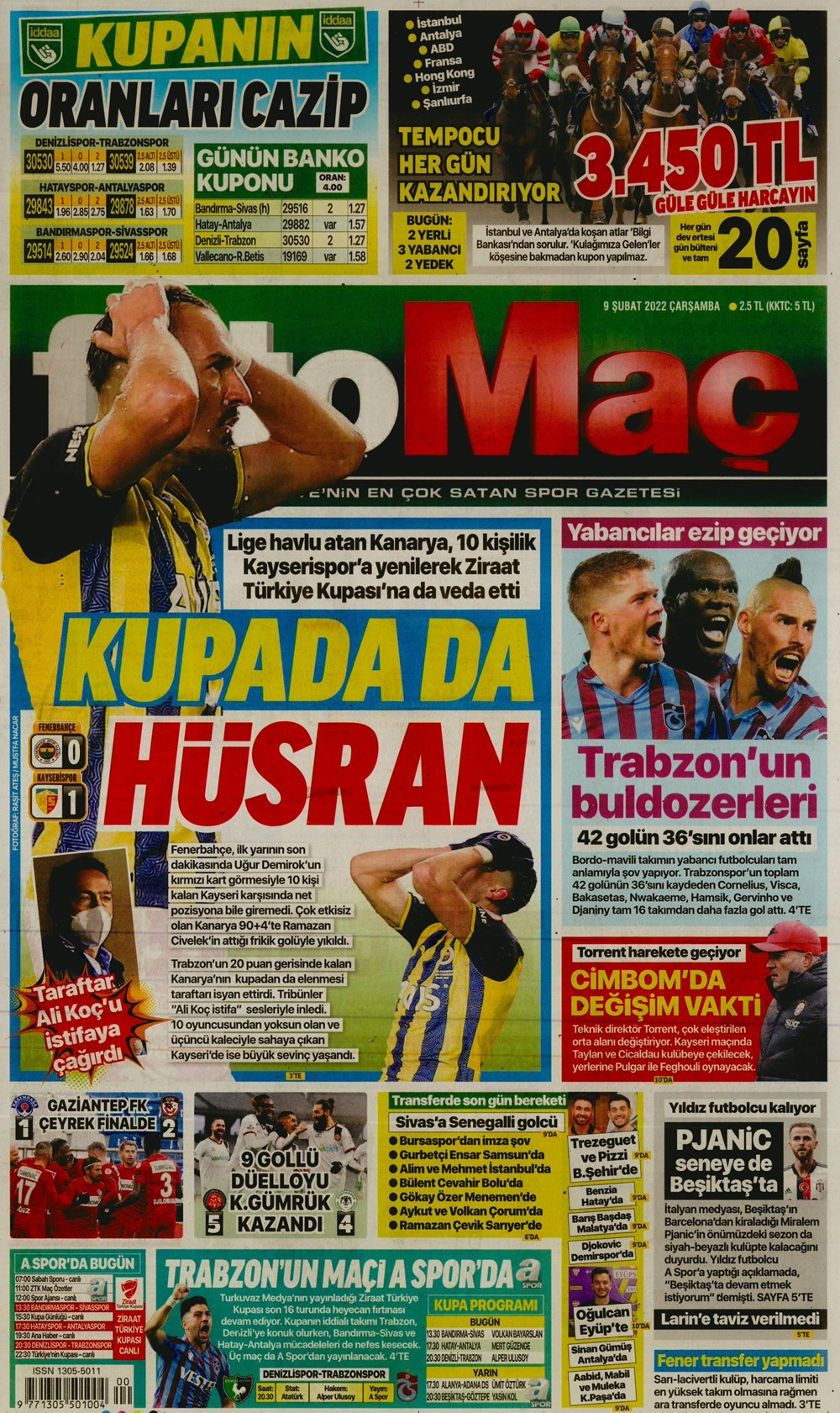 9 Şubat 2022 Çarşamba günün spor manşetleri | Fenerbahçe son dakikada yıkıldı! 6