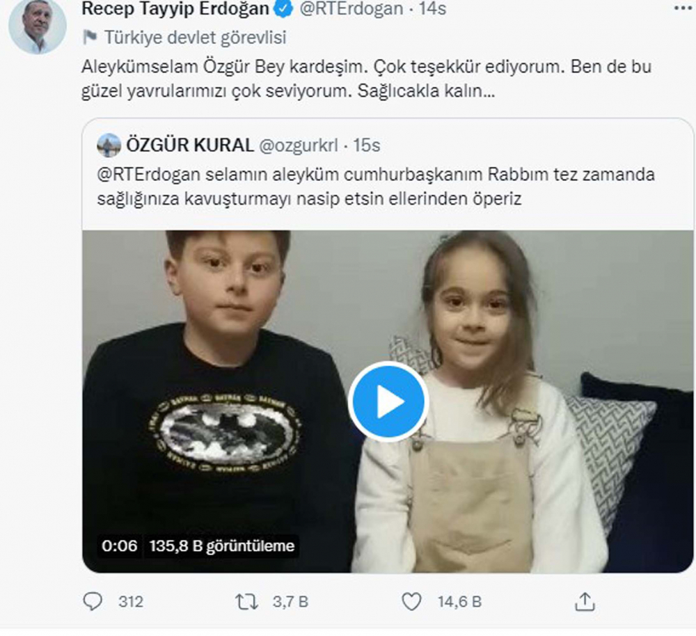 Çocuklardan, Tayyip dedelerine "Geçmiş olsun" mesajı! Cumhurbaşkanı Erdoğan, sosyal medya hesabını onlara ayırdı, Twitter çiçek bahçesine döndü! 10