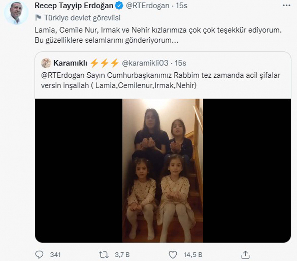 Çocuklardan, Tayyip dedelerine "Geçmiş olsun" mesajı! Cumhurbaşkanı Erdoğan, sosyal medya hesabını onlara ayırdı, Twitter çiçek bahçesine döndü! 18