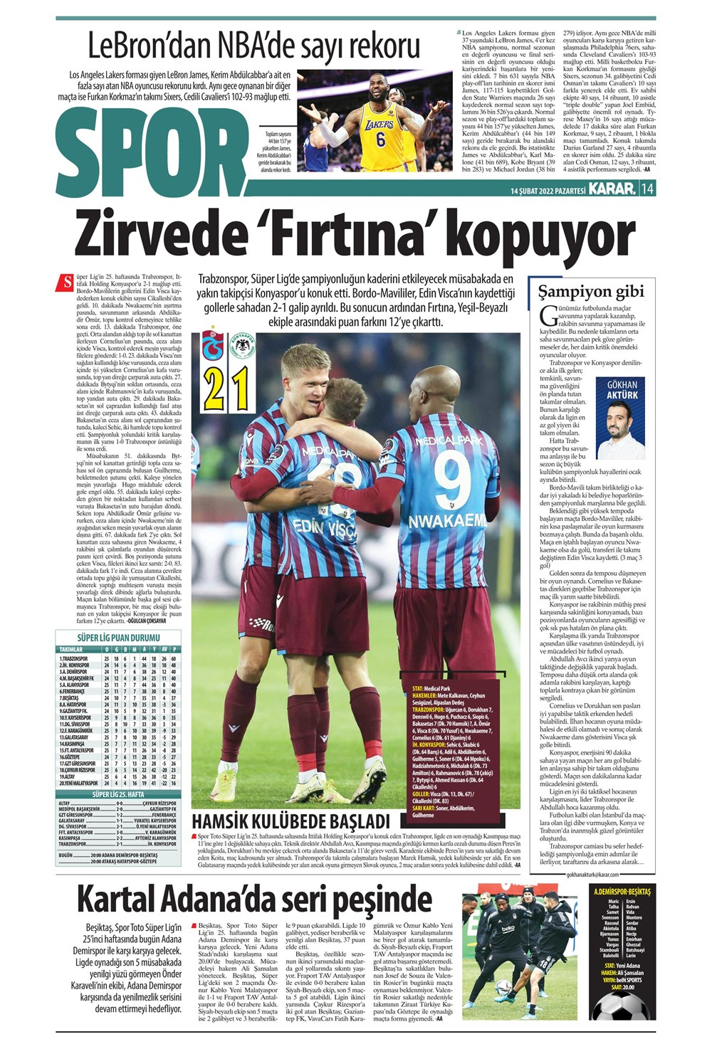 14 Şubat 2022 Pazartesi günün spor manşetleri | Trabzonspor, kritik Konyaspor virajını kayıpsız döndü! 31