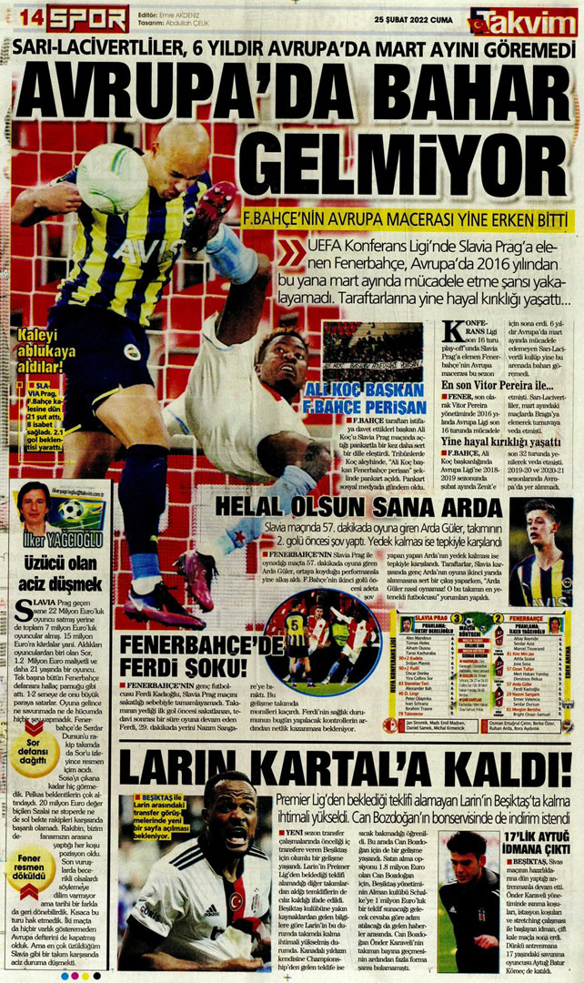 25 Şubat 2022 Cuma spor manşetleri | Fenerbahçe, Avrupa'ya veda etti! 10