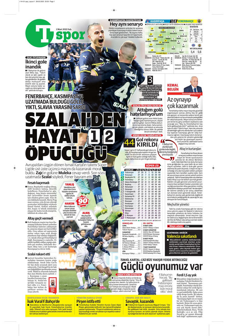 1 Mart 2022 günün spor manşetleri | Fenerbahçe seriye bağladı! 3