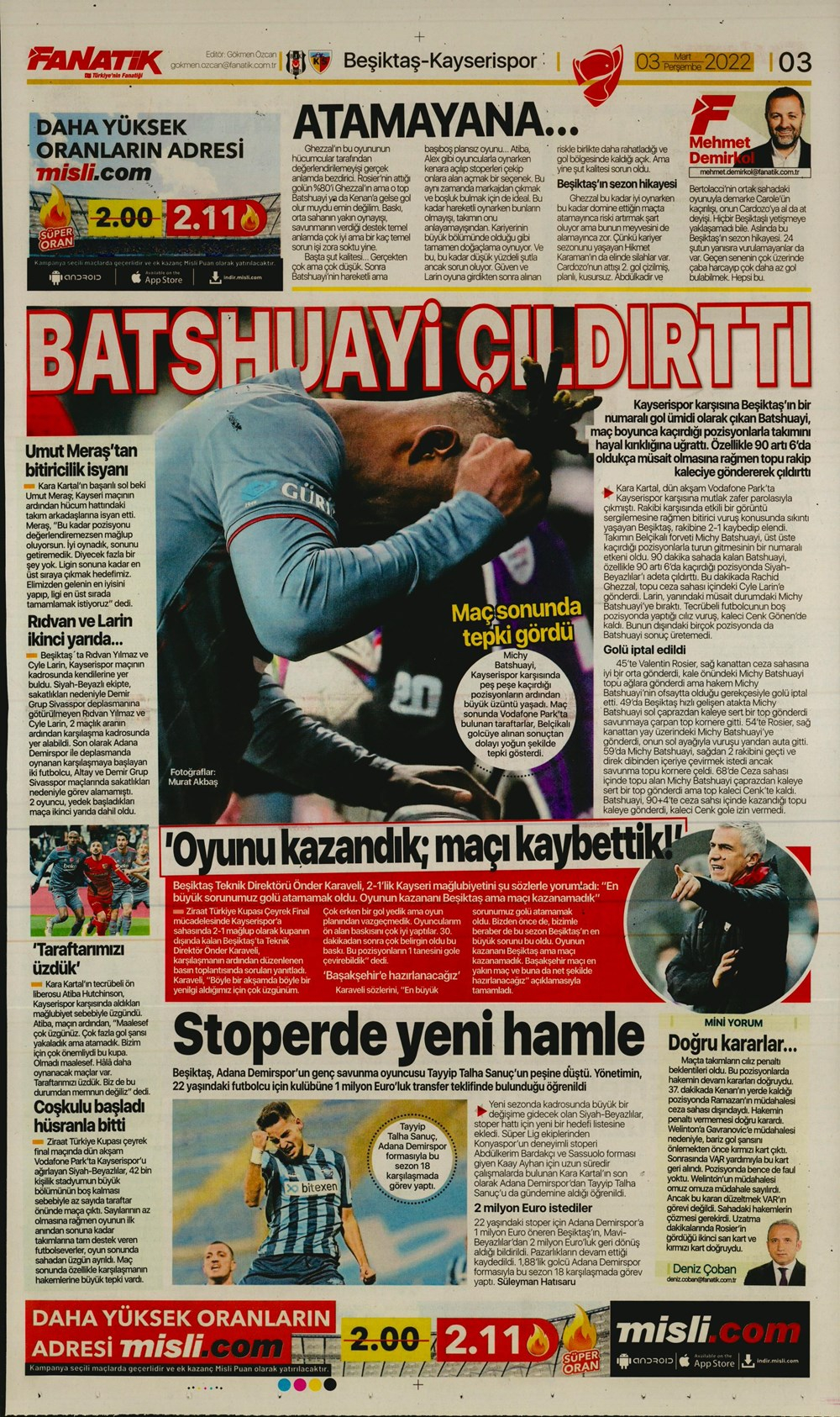 3 Mart 2022 Perşembe günün spor manşetleri | Beşiktaş kupada havlu attı! 30