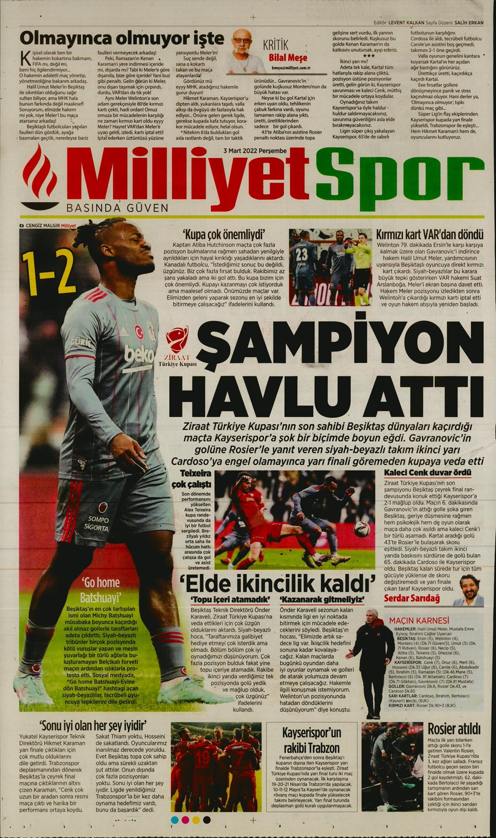 3 Mart 2022 Perşembe günün spor manşetleri | Beşiktaş kupada havlu attı! 6