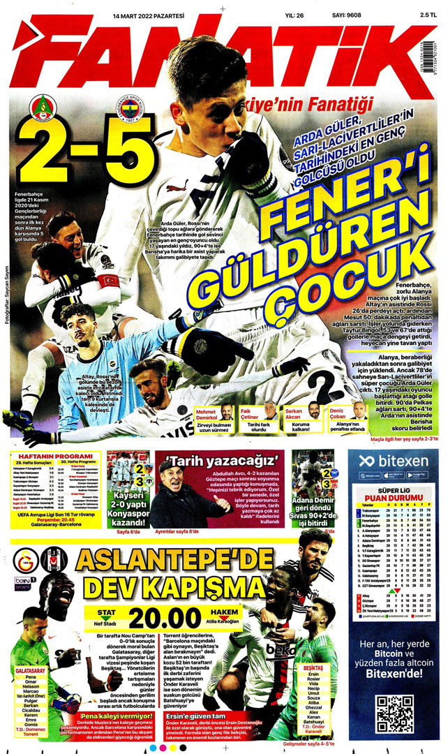 14 Mart 2022 Pazartesi günün spor manşetleri | Fenerbahçe, Alanya deplasmanında şov yaptı! 11