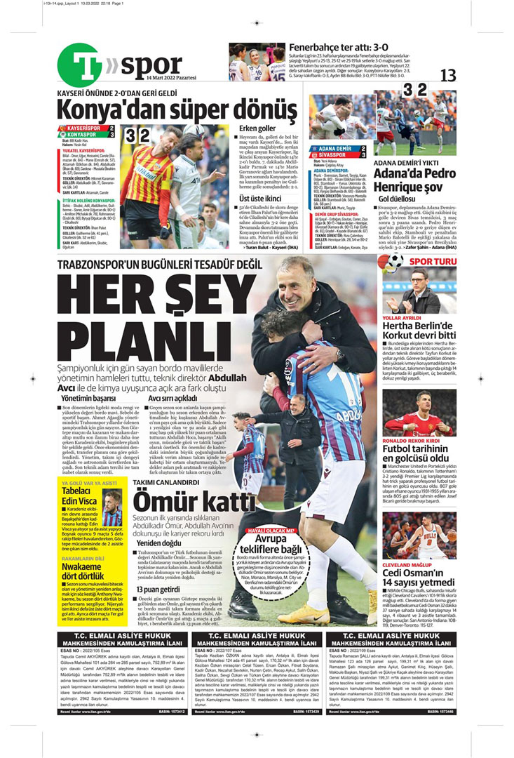 14 Mart 2022 Pazartesi günün spor manşetleri | Fenerbahçe, Alanya deplasmanında şov yaptı! 24