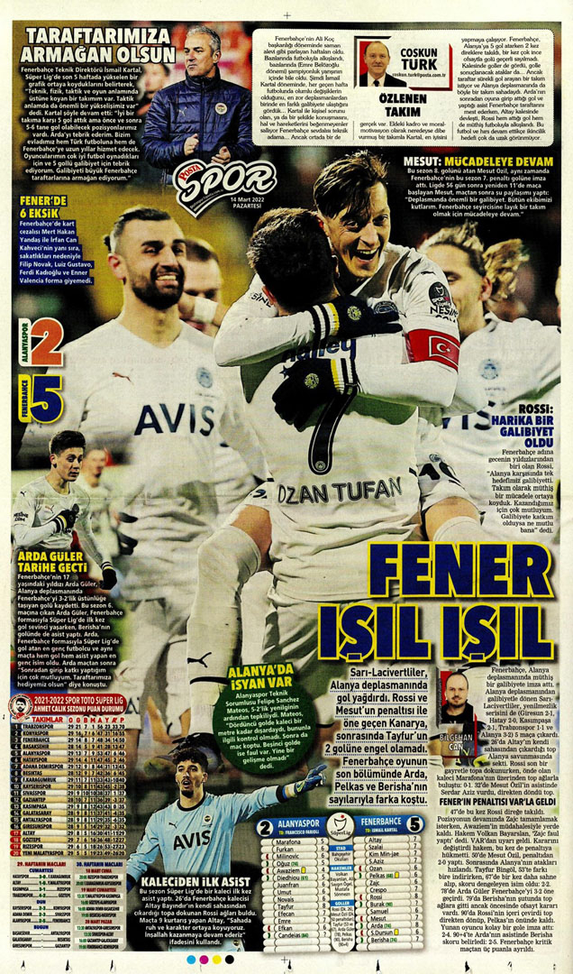 14 Mart 2022 Pazartesi günün spor manşetleri | Fenerbahçe, Alanya deplasmanında şov yaptı! 7