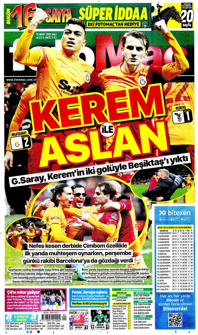 15 Mart 2022 Salı günün spor manşetleri | Dev derbide kazanan cimbom! 3