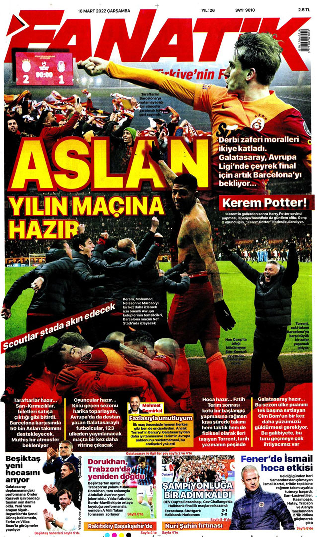 16 Mart 2022 Çarşamba günün spor manşetleri | Galatasaray'da gündem Barcelona maçı! 12