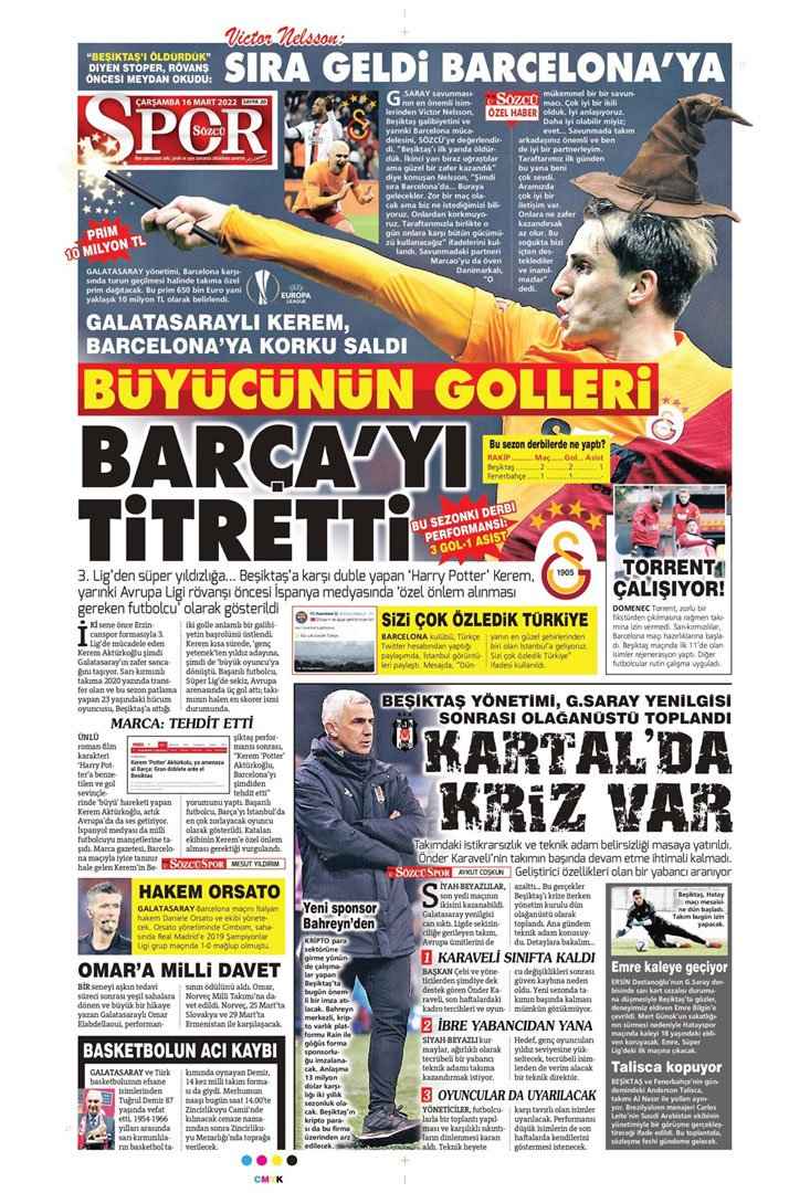 16 Mart 2022 Çarşamba günün spor manşetleri | Galatasaray'da gündem Barcelona maçı! 13