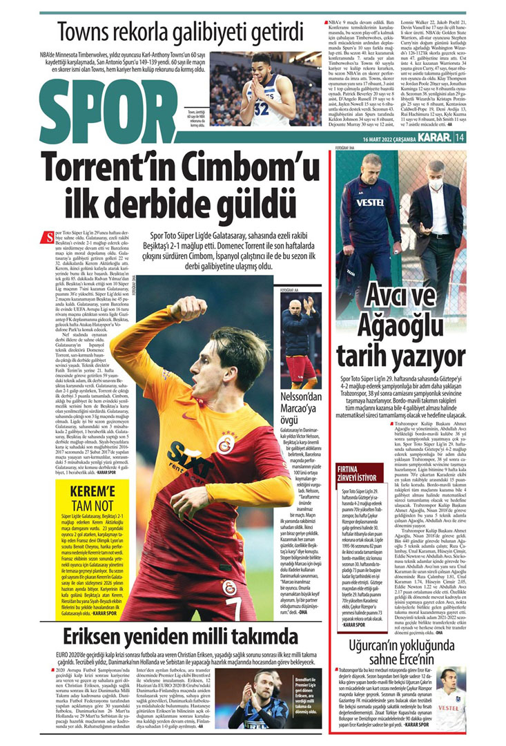 16 Mart 2022 Çarşamba günün spor manşetleri | Galatasaray'da gündem Barcelona maçı! 14