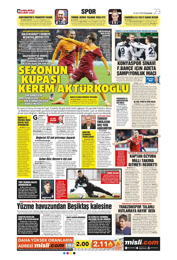 16 Mart 2022 Çarşamba günün spor manşetleri | Galatasaray'da gündem Barcelona maçı! 5