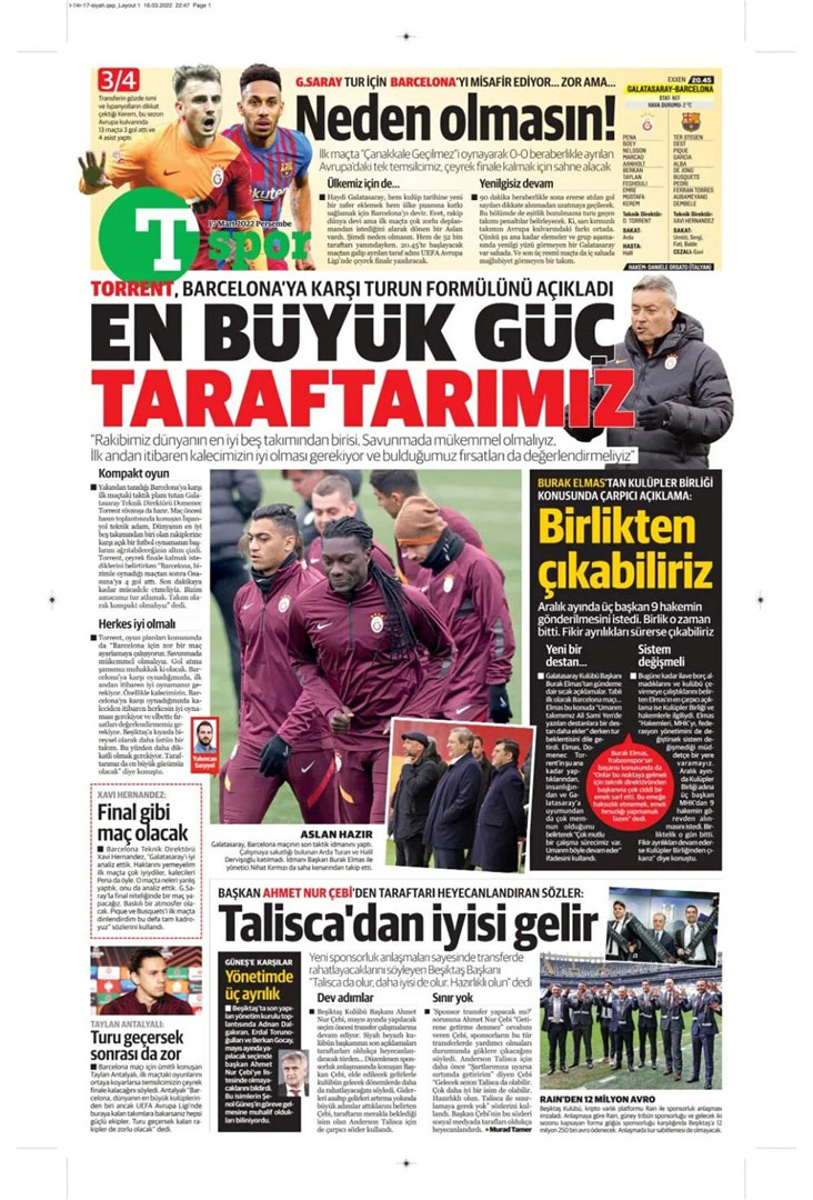 17 Mart 2022 günün spor manşetleri | Galatasaray tur için sahada! 10