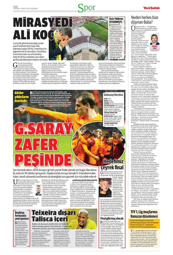 17 Mart 2022 günün spor manşetleri | Galatasaray tur için sahada! 14