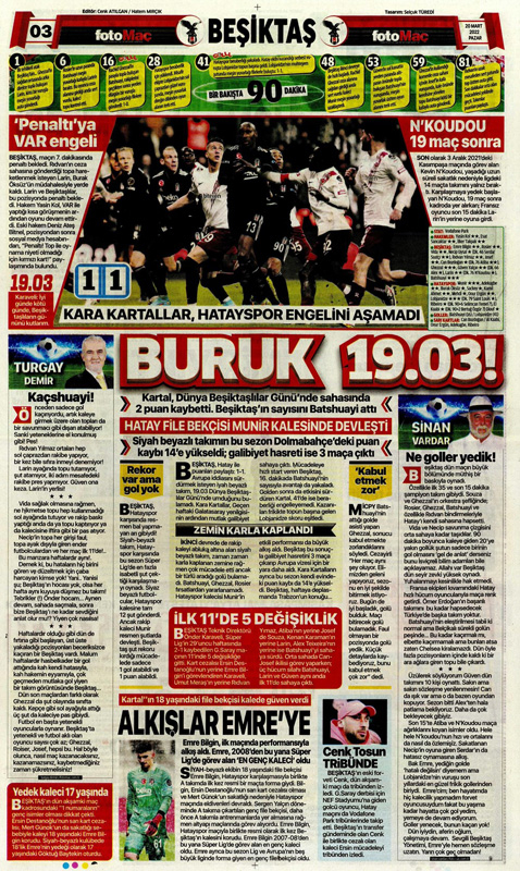 20 Mart 2022 Pazar günün spor manşetleri | Beşiktaş'ın galibiyet hasreti 3 maça çıktı! 15