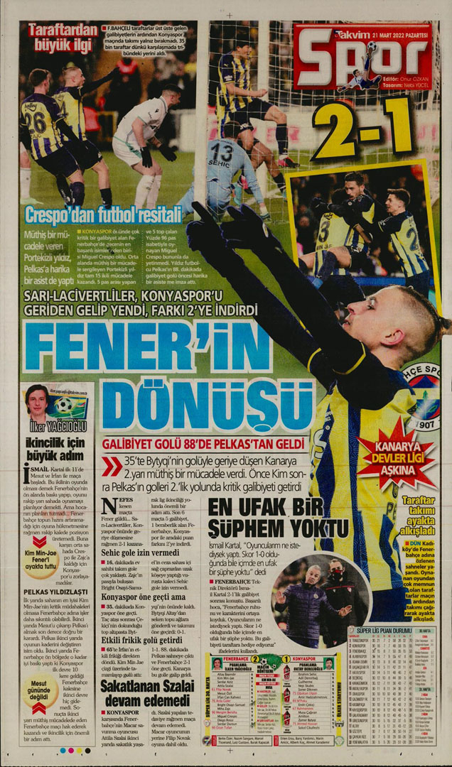 21 Mart 2022 Pazartesi günün spor manşetleri | Fenerbahçe geri döndü, cimbom yokları oynadı! 22