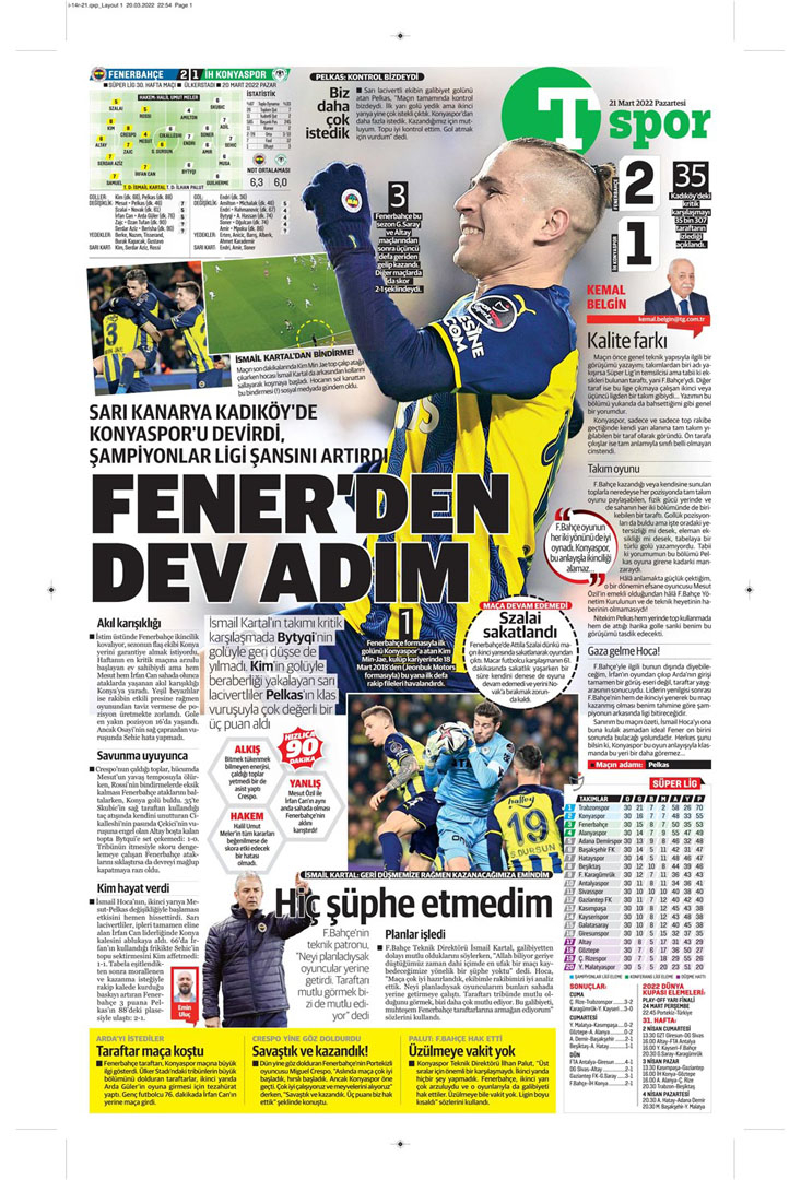 21 Mart 2022 Pazartesi günün spor manşetleri | Fenerbahçe geri döndü, cimbom yokları oynadı! 6