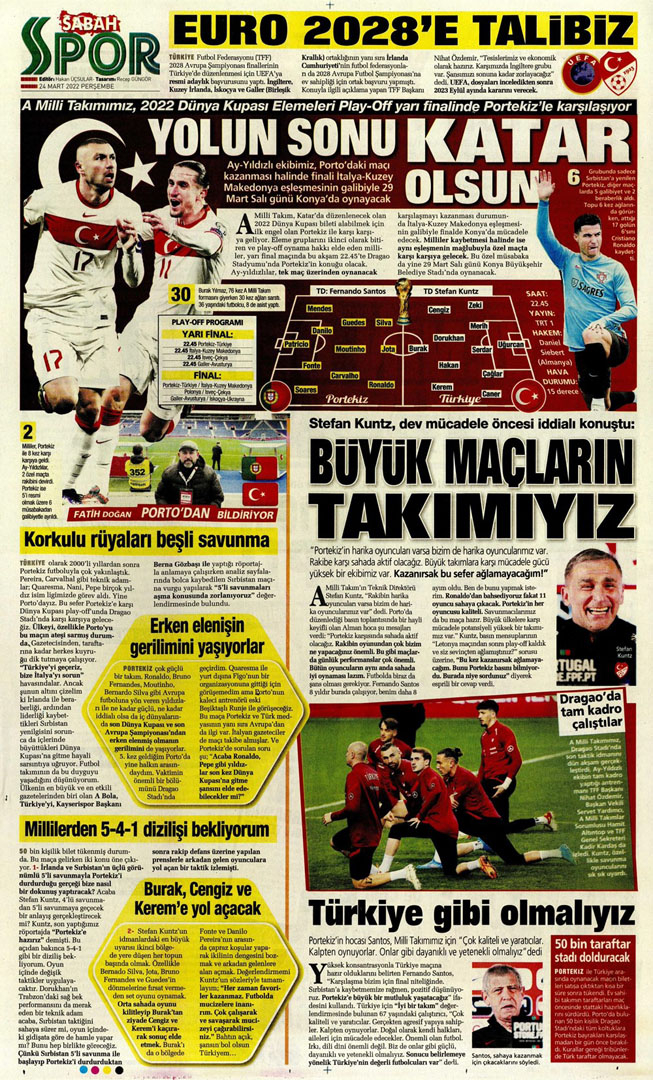 24 Mart 2022 Perşembe günün spor manşetleri | A Milli Takım, zorlu Portekiz deplasmanında! 21