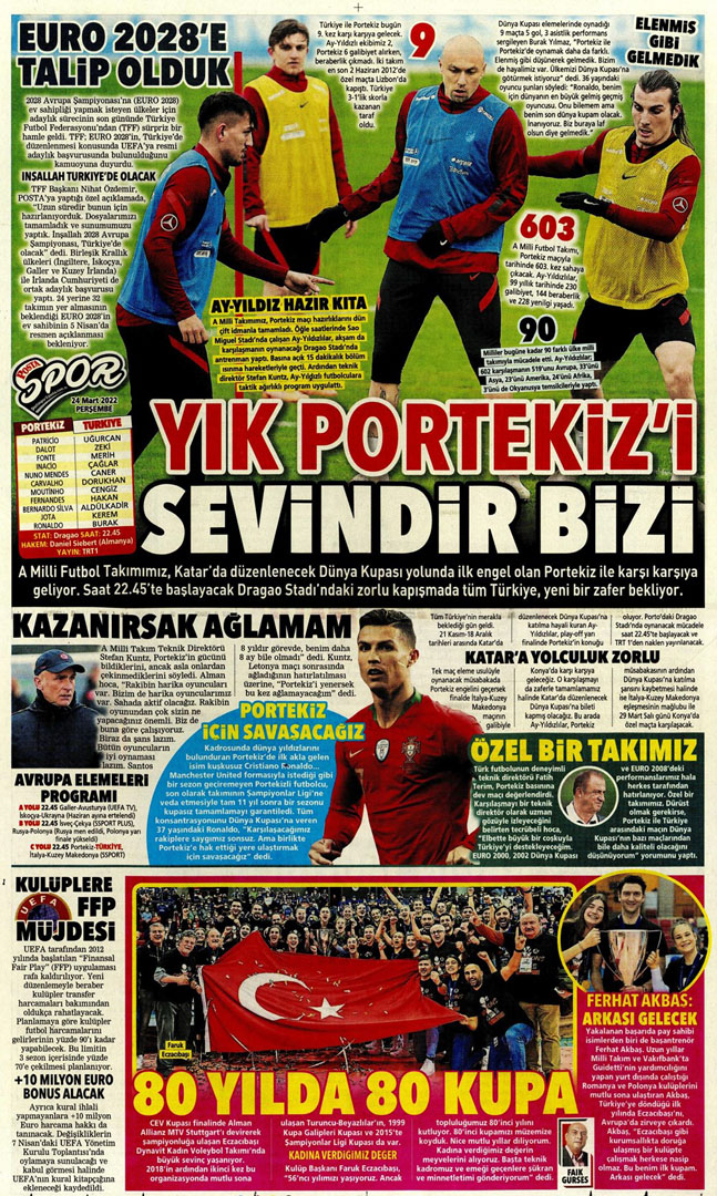 24 Mart 2022 Perşembe günün spor manşetleri | A Milli Takım, zorlu Portekiz deplasmanında! 31