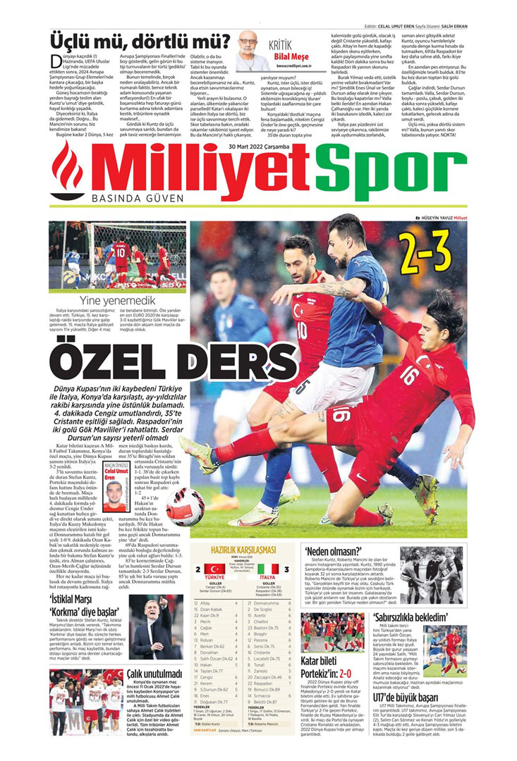 30 Mart 2022 Çarşamba günün spor manşetleri | Milliler çizmeyi aşamadı! 21