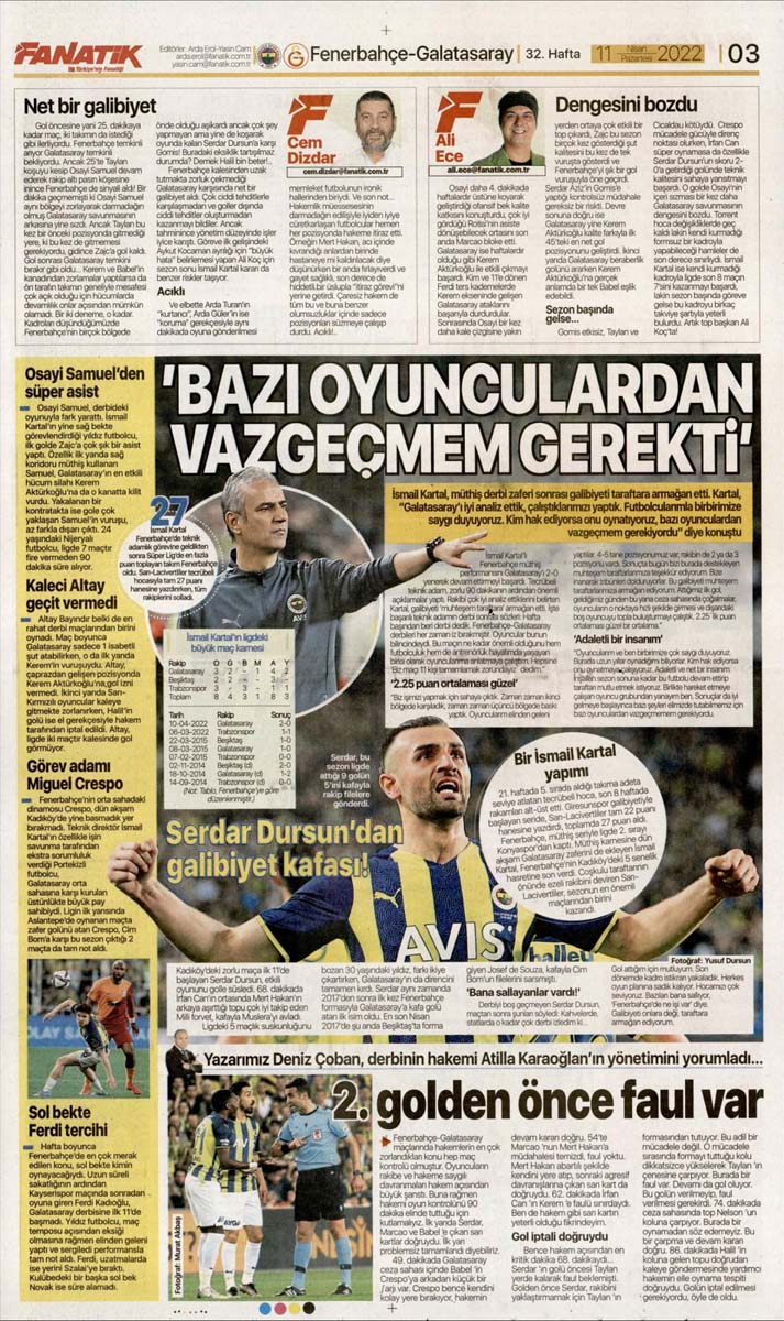 11 Nisan 2022 Pazartesi gazetelerin spor manşetleri | Fenerbahçe, derbide Galatasaray'ı 2 golle geçti 2