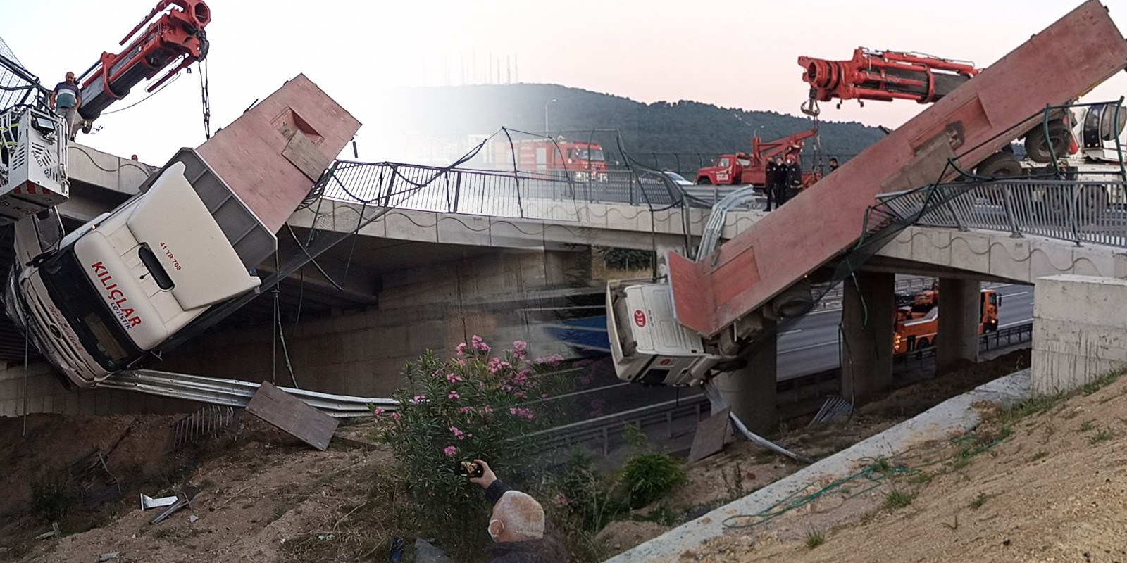 Yürekleri ağızlara getiren kaza! Kontrolden çıkan tır viyadükte asılı kaldı