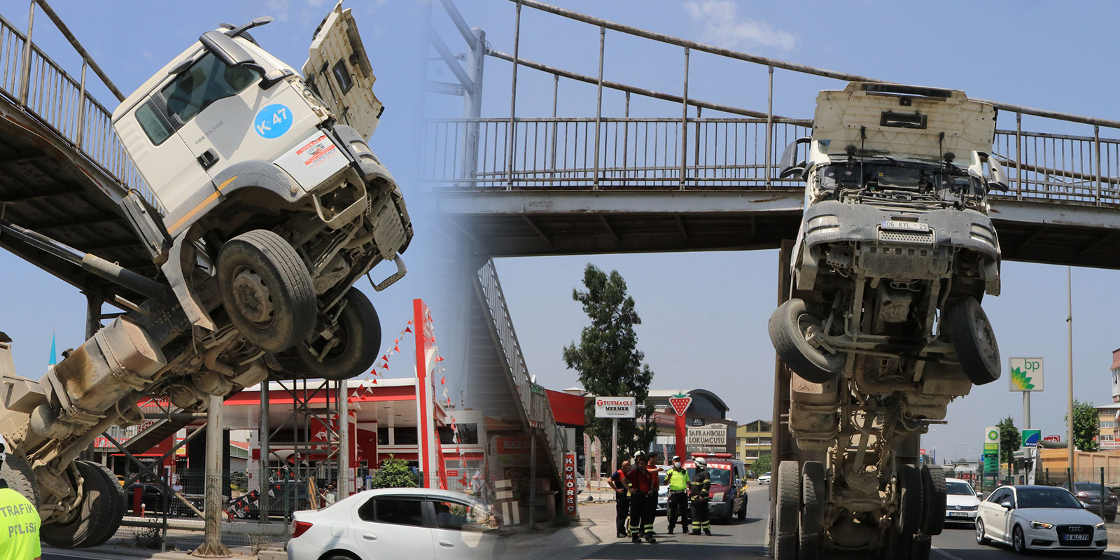 Görenlerin ağzı açık kaldı! Damperi açık kaldı, üst geçide takıldı | Koca kamyon salıncak gibi sallandı