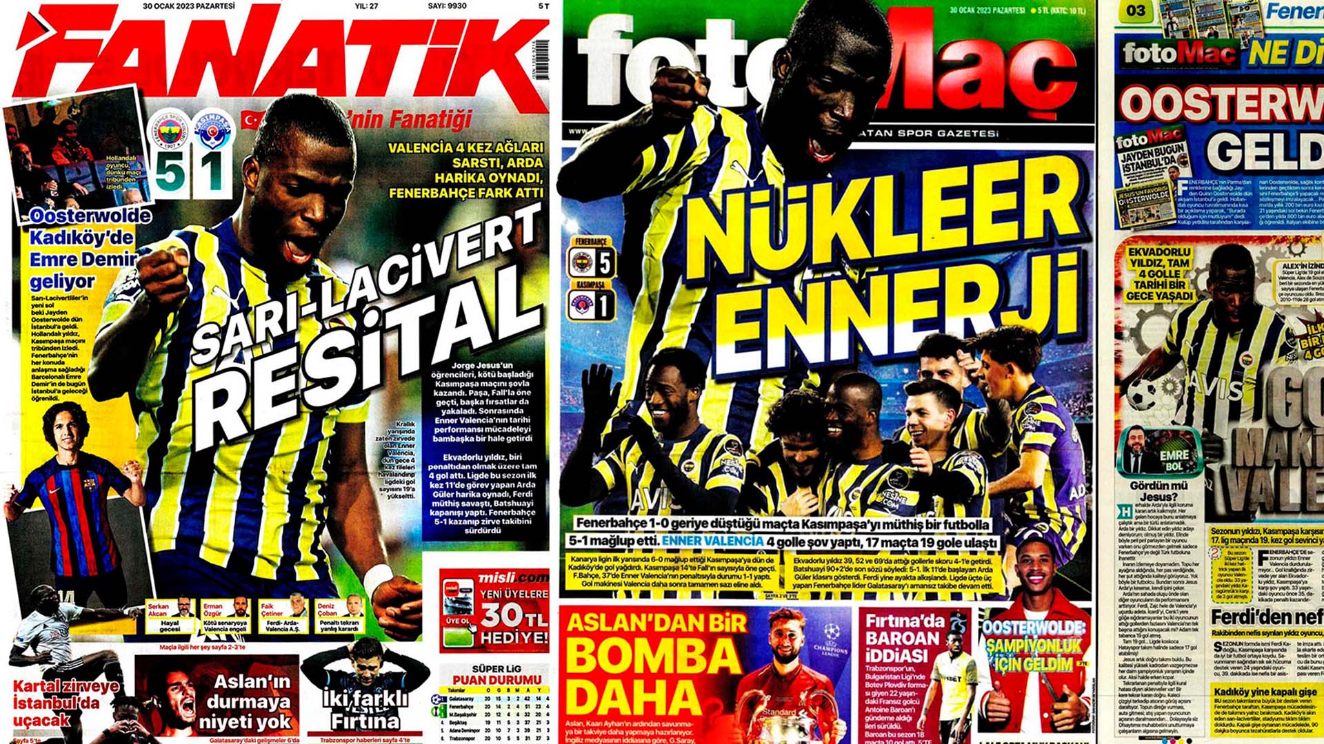 Sporun manşetleri 30 Ocak 2023 Pazartesi | Fenerbahçe, Kasımpaşa'yı farklı geçti: Varsa Enner, Fener Güler