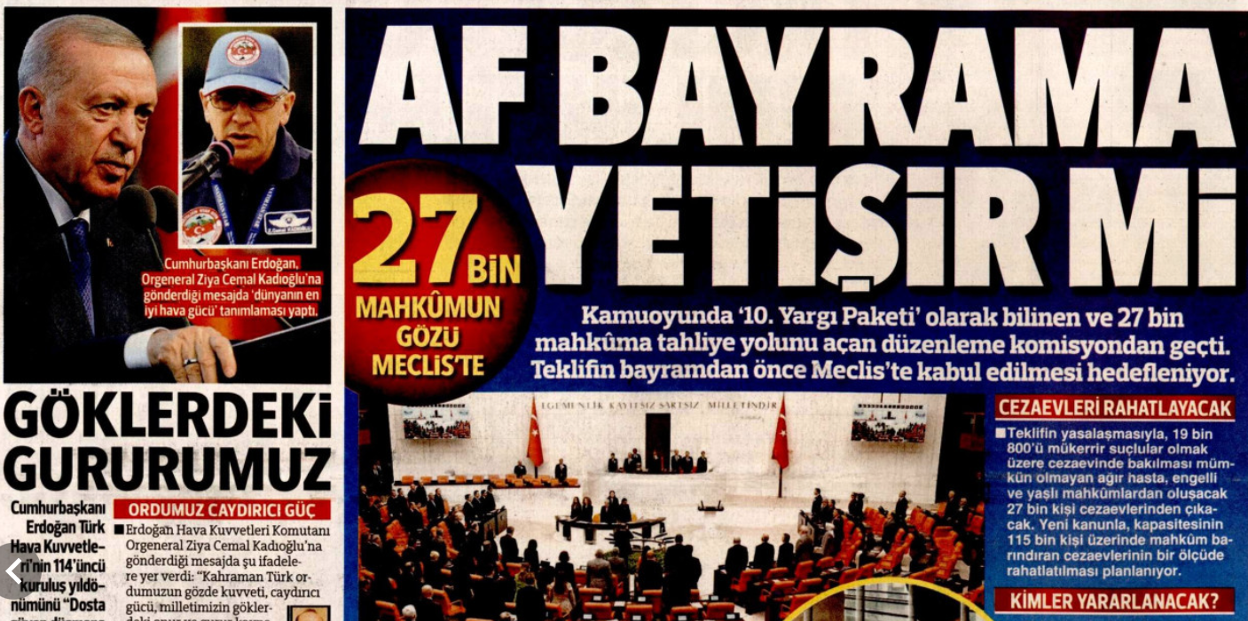 Af Bayrama Yetişir mi? 27 Bin Mahkümun gözü mecliste: 2 Haziran 2025 gazete manşetleri