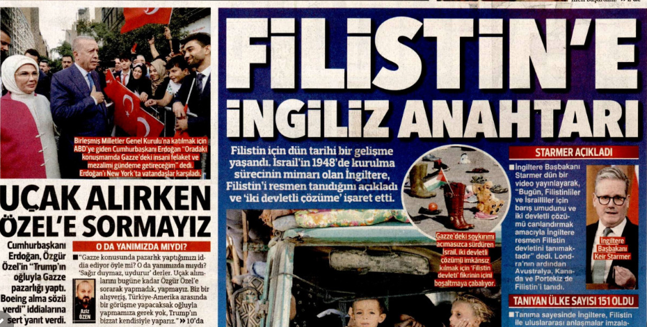 Filistin için tarihi bir gelişme! Filistin'e İngiliz anahtarı: 22 Eylül gazete manşetleri