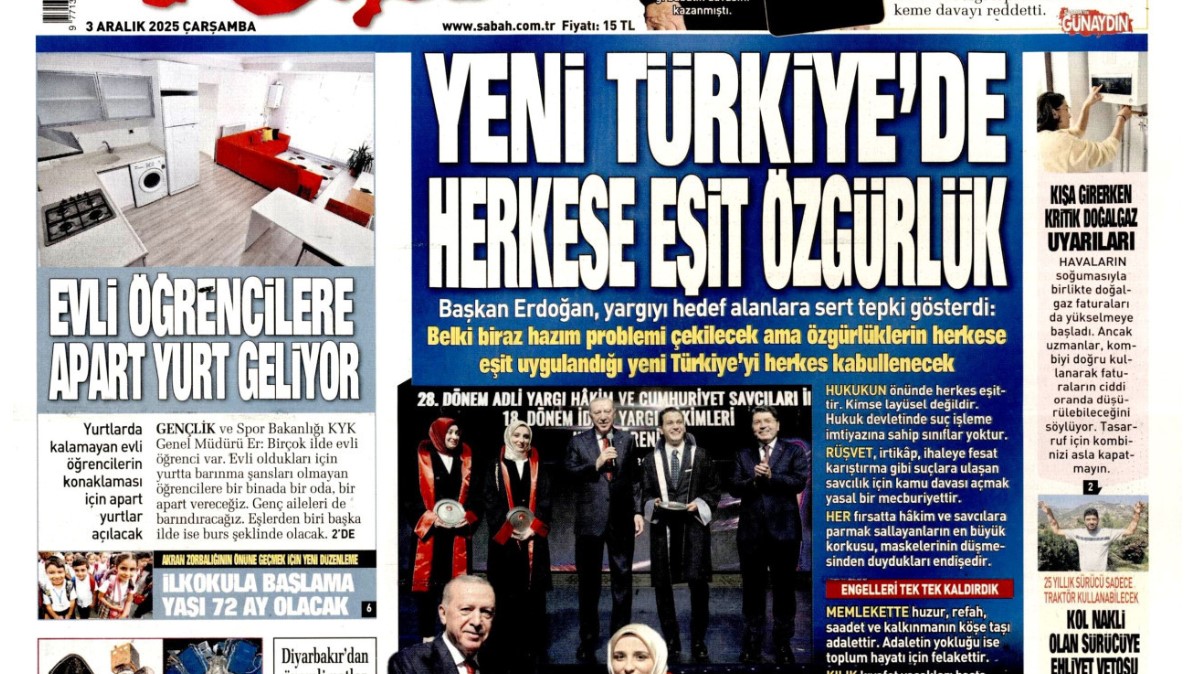 Yeni Türkiye'de herkese eşit özgürlük: 3 Kasım 2025 Çarşamba güncel gazete manşetleri...