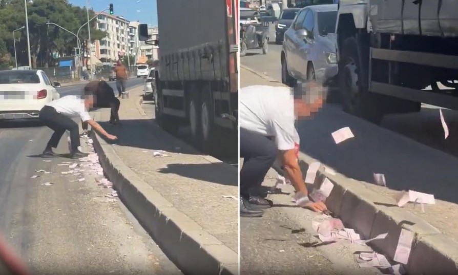 Trafikte büyük panik: Çuval dolusu para otoyola saçıldı!