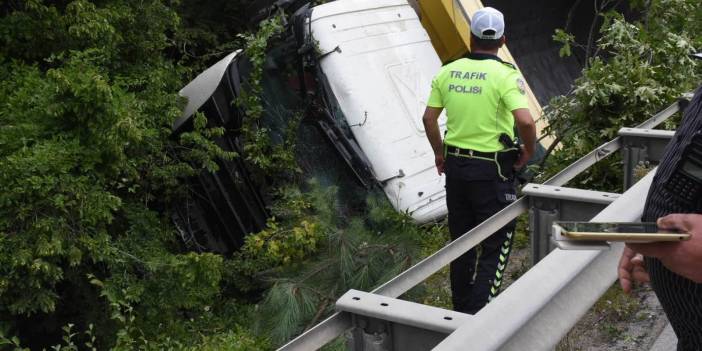 Sinop’ta seyir halindeki kamyon bariyerleri aşıp şarampole yuvarlandı!
