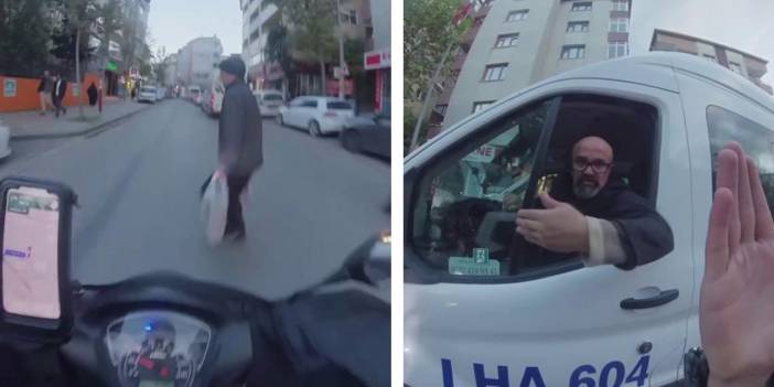 Pendik'te moto kurye yaya çarpmaktan son anda kurtuldu! Kendisine tepki gösteren servisçiye böyle çıkıştı!