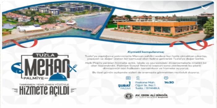 Tuzla Mekan Palmiye yenilenen yüzüyle hizmete açılıyor