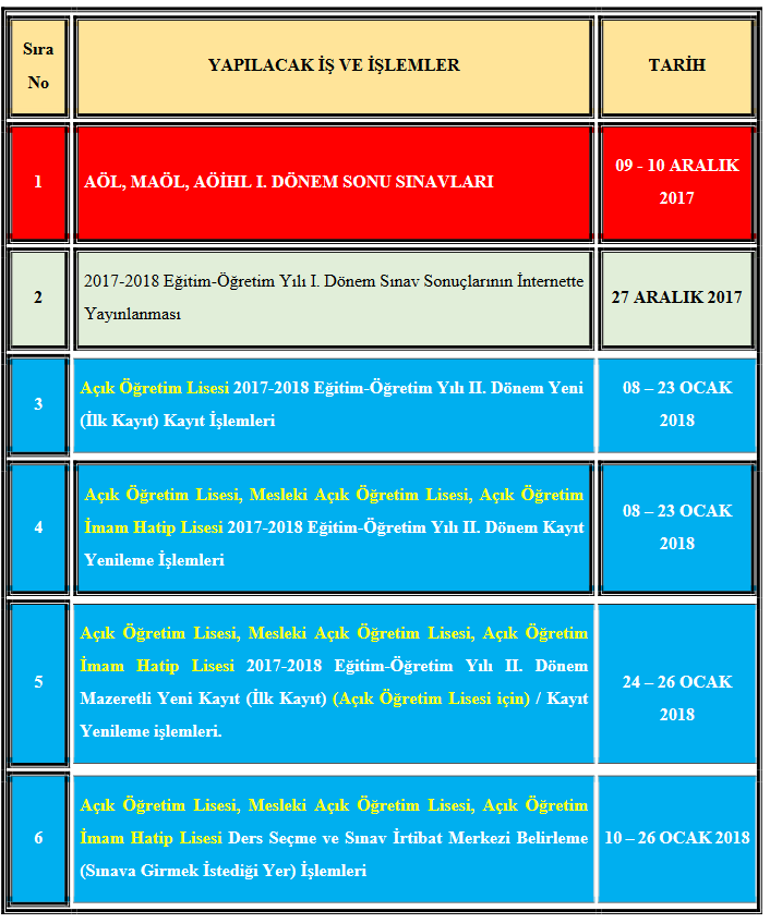 2017 - 2018 AÖL Açıköğretim Lisesi İş Takvimi Yayınladı!