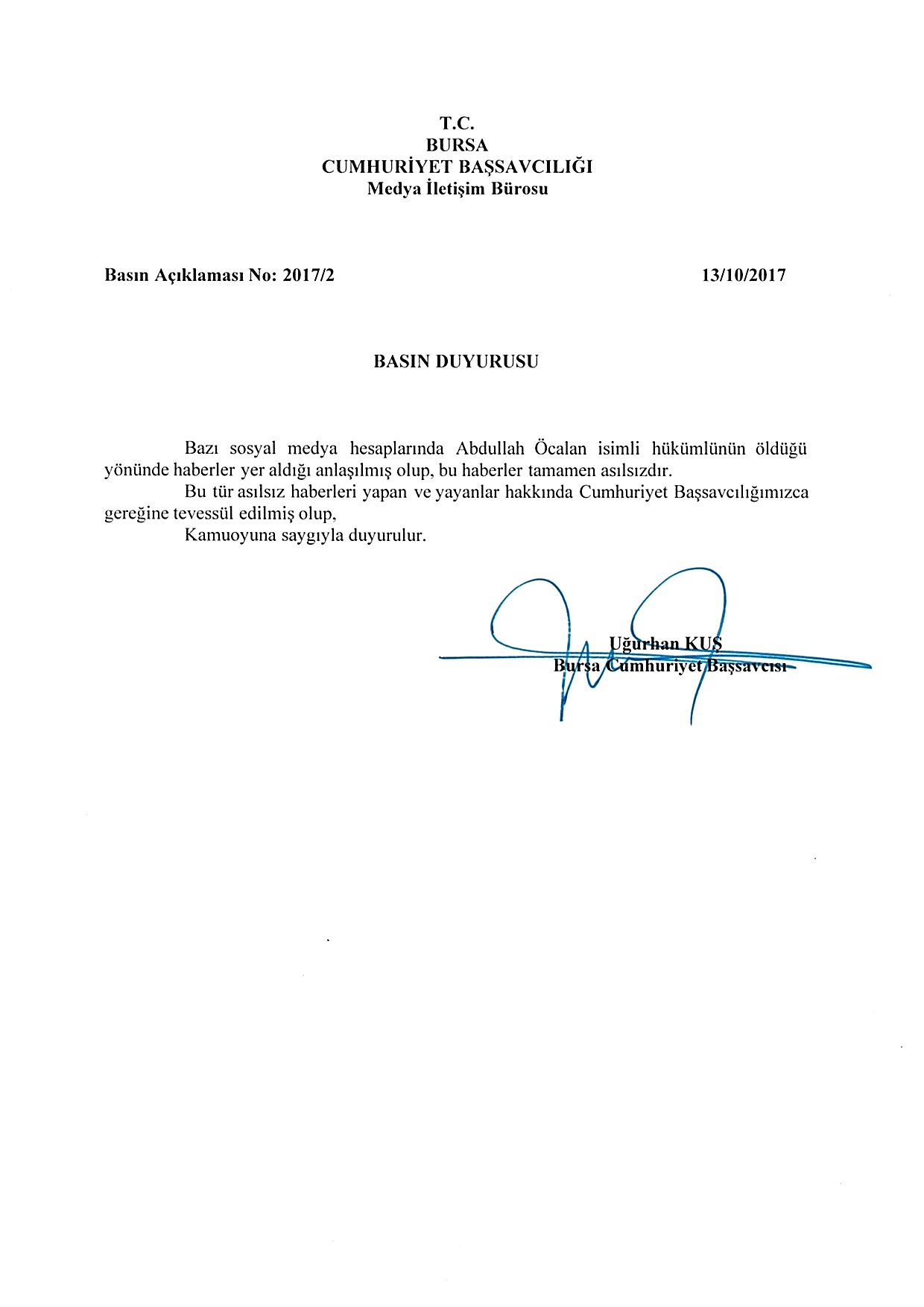 Bursa Cumhuriyet Başsavcılığından Abdullah Öcalan Açıklaması!