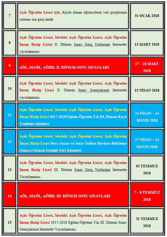 2017 - 2018 AÖL Açıköğretim Lisesi İş Takvimi Yayınladı!