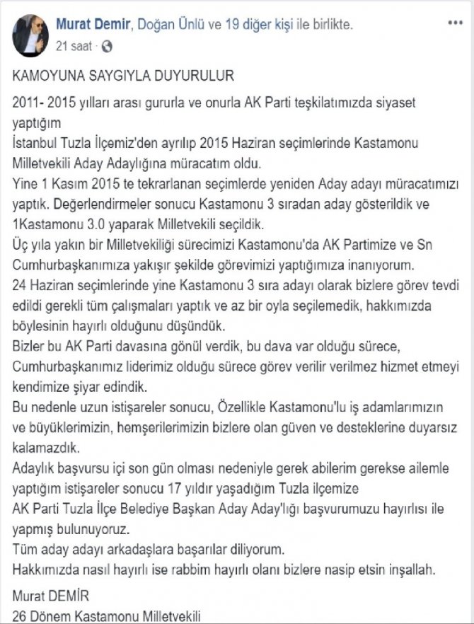 Murat Demir, Tuzla Belediye Başkanlığı için aday adaylığı başvurusunda bulundu