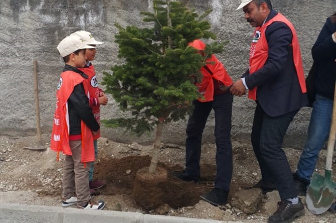 Minik öğrenciler fidanları toprakla buluşturdu