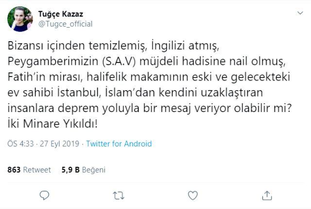 Tuğçe Kazaz'ın deprem paylaşımı 