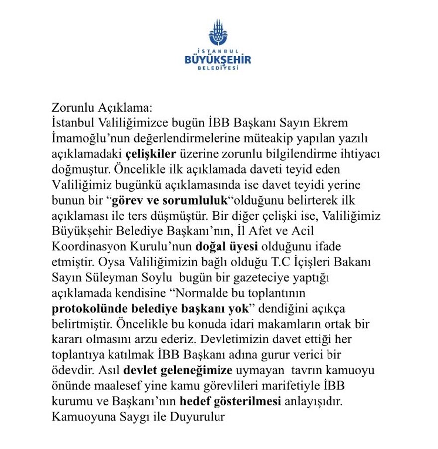 İBB’den Valilik ile ilgili zorunlu açıklama geldi