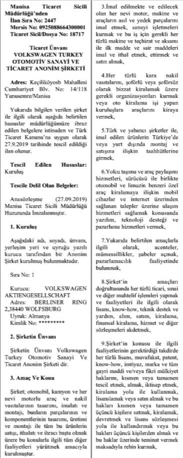 Volkswagen Turkey kuruldu! İşte sermayesi