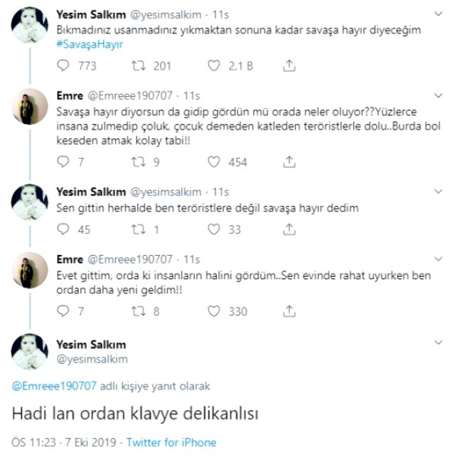 Yeşim Salkım'dan astsubaya savaş tepkisi